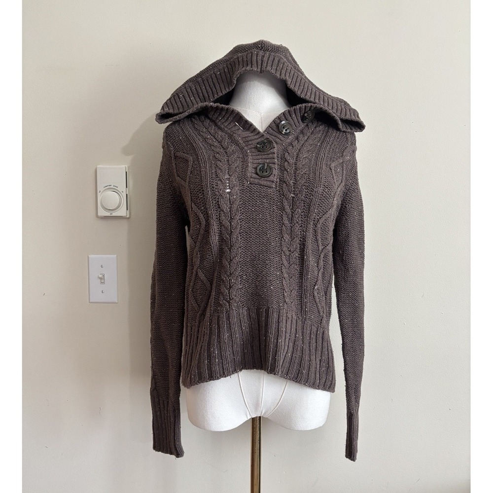 Delias Womens Large Chunky Cable Knit Hooded Sweater Y2K 2000s Brown Cotton Vtg